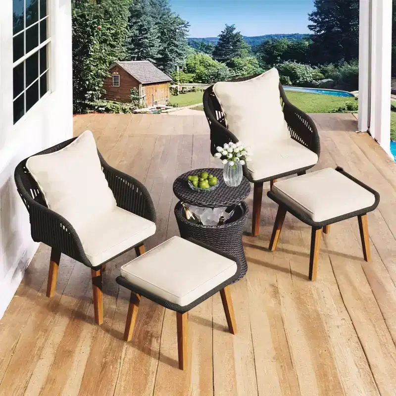 Ensemble de mobilier de patio Zevemomo 5 pièces en corde, pour jardin avec fauteuils tressés à la main, poufs, table en osier avec bar rafraîchissant escamotable