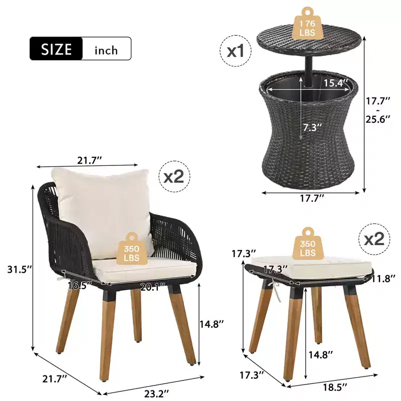 Ensemble de mobilier de patio Zevemomo 5 pièces en corde, pour jardin avec fauteuils tressés à la main, poufs, table en osier avec bar rafraîchissant escamotable