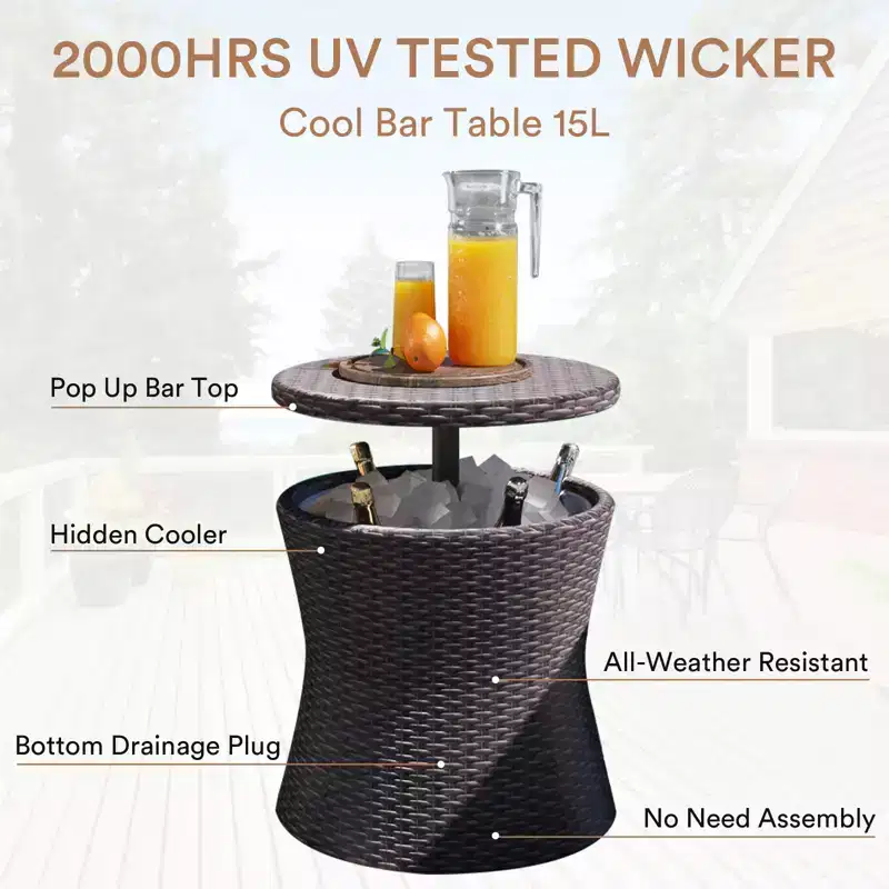 Ensemble de mobilier de patio Zevemomo 5 pièces en corde, pour jardin avec fauteuils tressés à la main, poufs, table en osier avec bar rafraîchissant escamotable