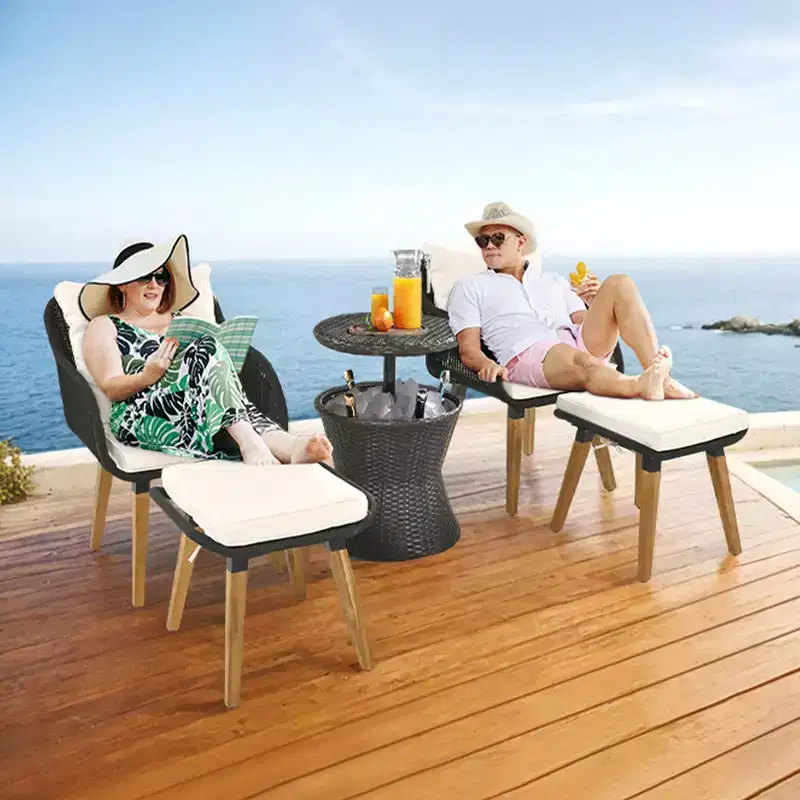 Ensemble de mobilier de patio Zevemomo 5 pièces en corde, pour jardin avec fauteuils tressés à la main, poufs, table en osier avec bar rafraîchissant escamotable