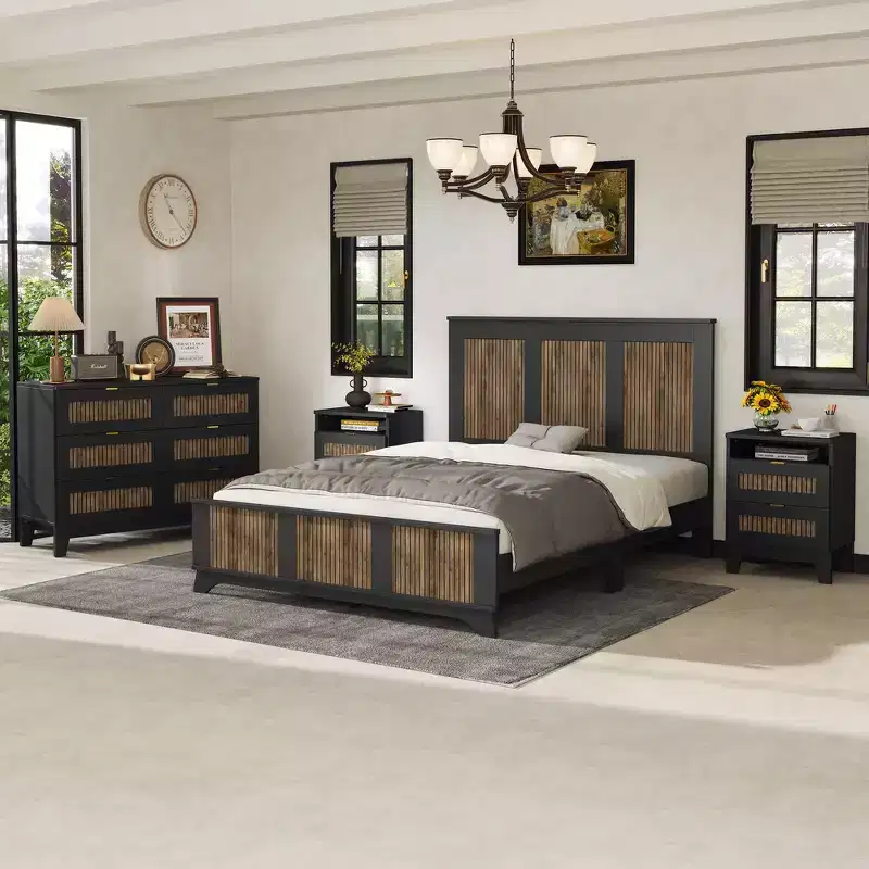 Ensemble de chambre Whisen 4 pièces, lit plateforme Queen size de style rustique, table de chevet avec rangement et commode avec poignée en métal