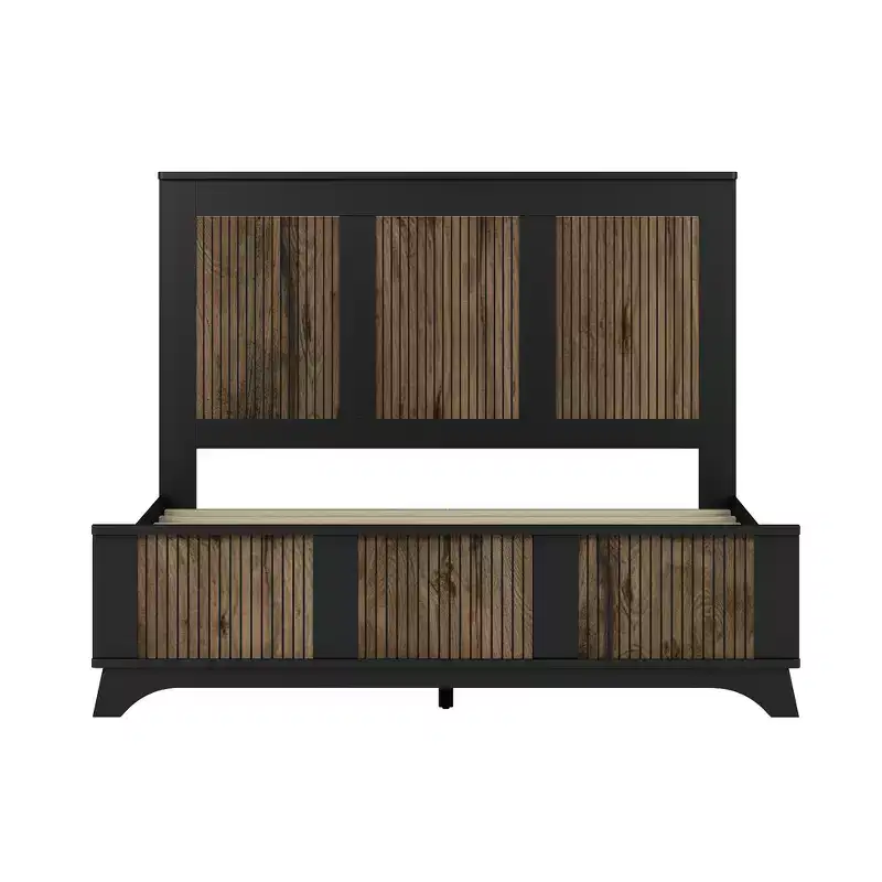 Ensemble de chambre Whisen 4 pièces, lit plateforme Queen size de style rustique, table de chevet avec rangement et commode avec poignée en métal
