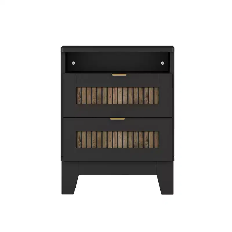 Ensemble de chambre Whisen 4 pièces, lit plateforme Queen size de style rustique, table de chevet avec rangement et commode avec poignée en métal