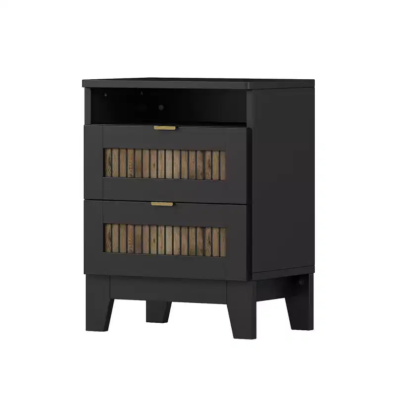 Ensemble de chambre Whisen 4 pièces, lit plateforme Queen size de style rustique, table de chevet avec rangement et commode avec poignée en métal