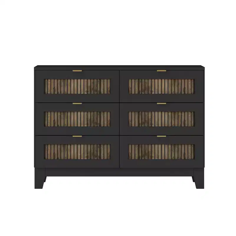 Ensemble de chambre Whisen 4 pièces, lit plateforme Queen size de style rustique, table de chevet avec rangement et commode avec poignée en métal