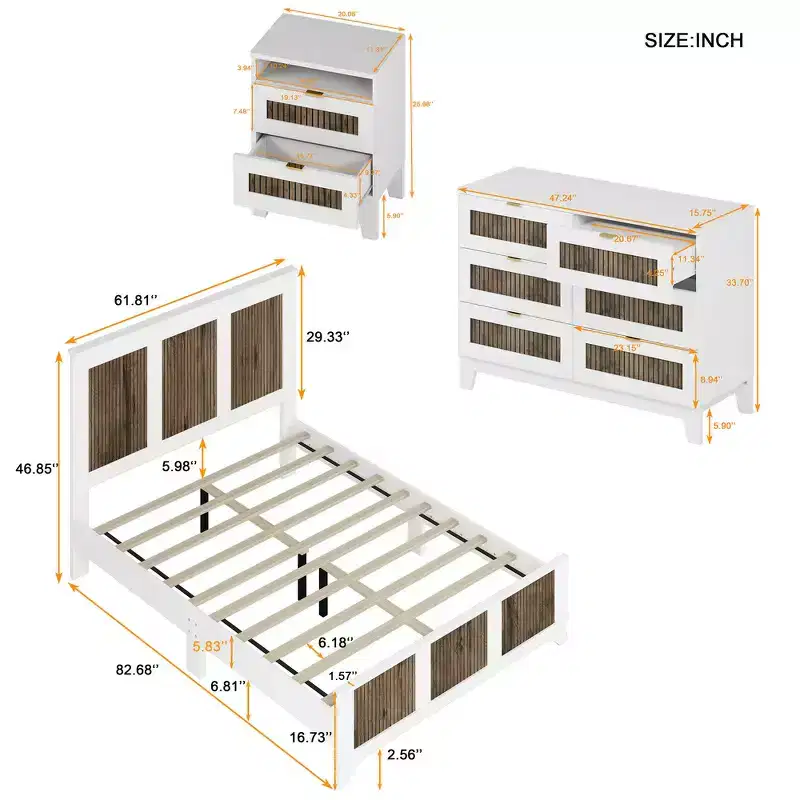 Ensemble de chambre Whisen 4 pièces, lit plateforme Queen size de style rustique, table de chevet avec rangement et commode avec poignée en métal