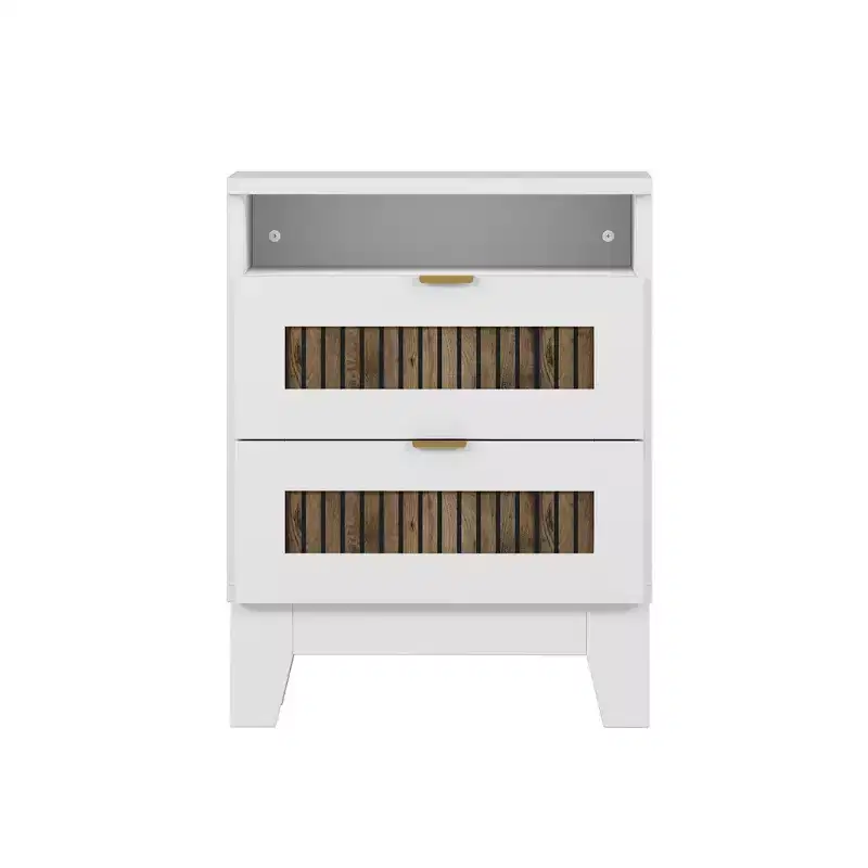 Ensemble de chambre Whisen 4 pièces, lit plateforme Queen size de style rustique, table de chevet avec rangement et commode avec poignée en métal