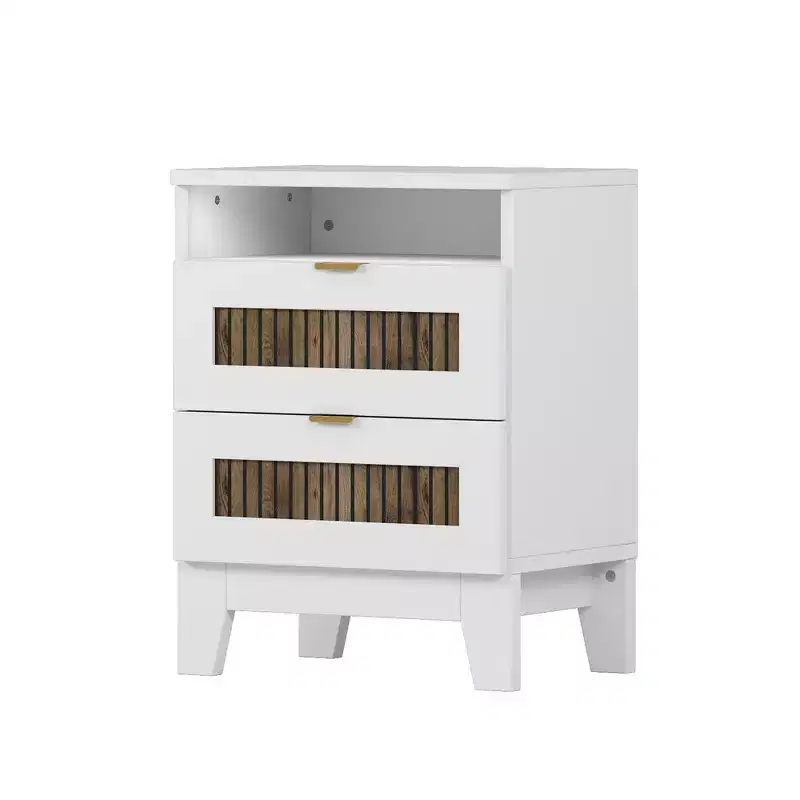 Ensemble de chambre Whisen 4 pièces, lit plateforme Queen size de style rustique, table de chevet avec rangement et commode avec poignée en métal