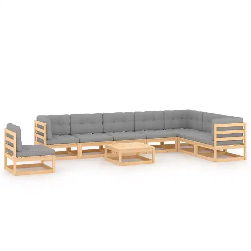 vidaXL Ensemble de meubles de patio 9 pièces Canapé de section extérieur en bois de pin massif - Naturel avec coussin