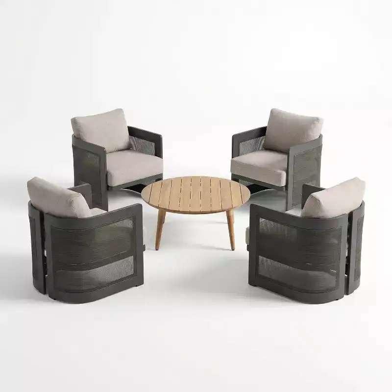 Ensemble de conversation d'extérieur moderne 5 pièces Christopher Knight Home Mah en aluminium avec table basse ronde à lattes en bois d'acacia