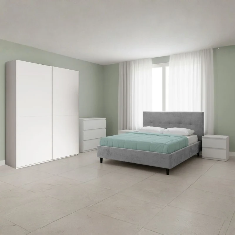 Camera da letto con armadio scorrevole bianco opaco e letto matrimoniale Snello grigio chiaro Rango