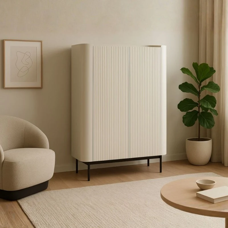 Credenza alta con 2 ante effetto cannettato colore crema 100x40x140H Willa18929