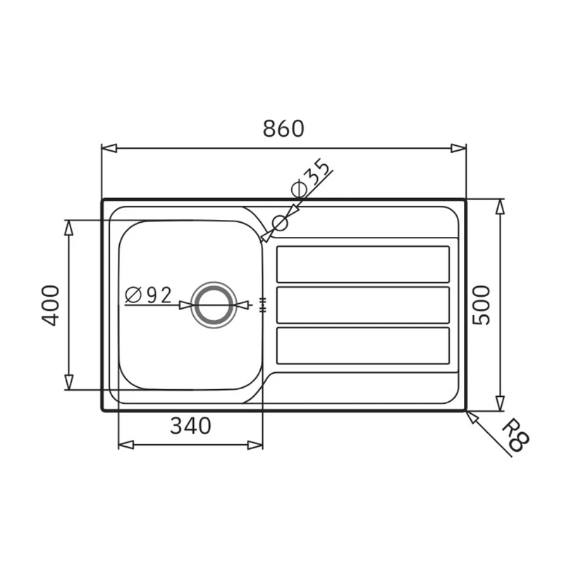 Lavello da incasso in acciaio inox con vasca e gocciolatoio destro 86x50 Tirreno861