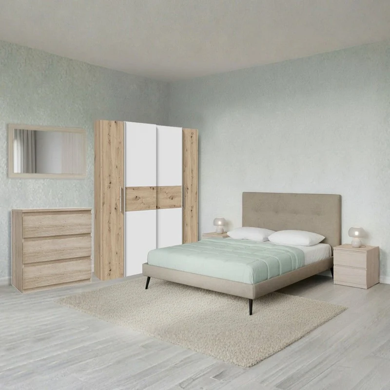 Camera da letto con armadio 2 ante scorrevoli e 2 battenti rovere bianco e letto Stiletto tortora Milk