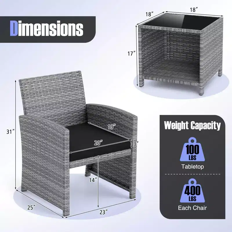Ensemble de meubles de patio Costway 3 pièces avec table basse en verre trempé et coussins de siège moelleux gris/noir/blanc