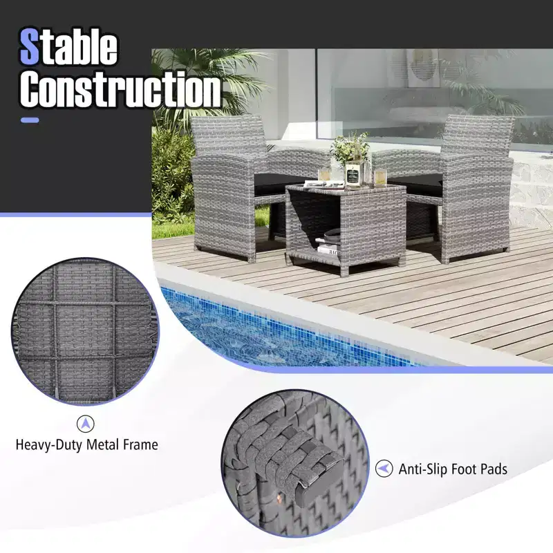 Ensemble de meubles de patio Costway 3 pièces avec table basse en verre trempé et coussins de siège moelleux gris/noir/blanc