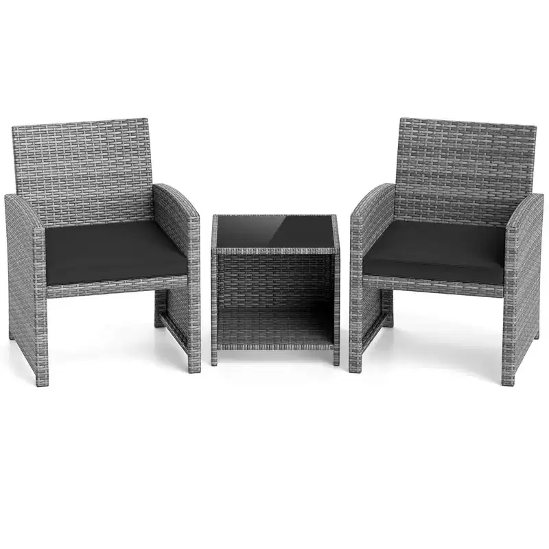 Ensemble de meubles de patio Costway 3 pièces avec table basse en verre trempé et coussins de siège moelleux gris/noir/blanc
