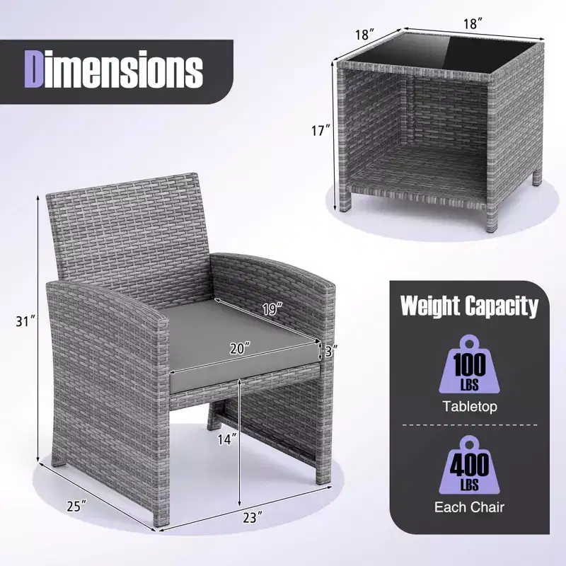 Ensemble de meubles de patio Costway 3 pièces avec table basse en verre trempé et coussins de siège moelleux gris/noir/blanc