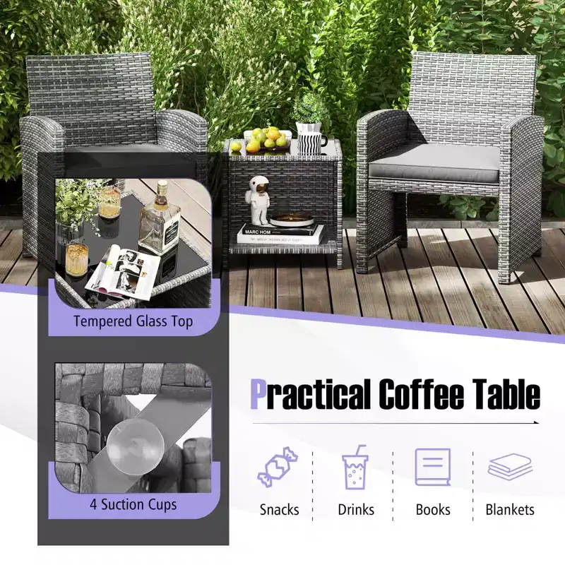Ensemble de meubles de patio Costway 3 pièces avec table basse en verre trempé et coussins de siège moelleux gris/noir/blanc