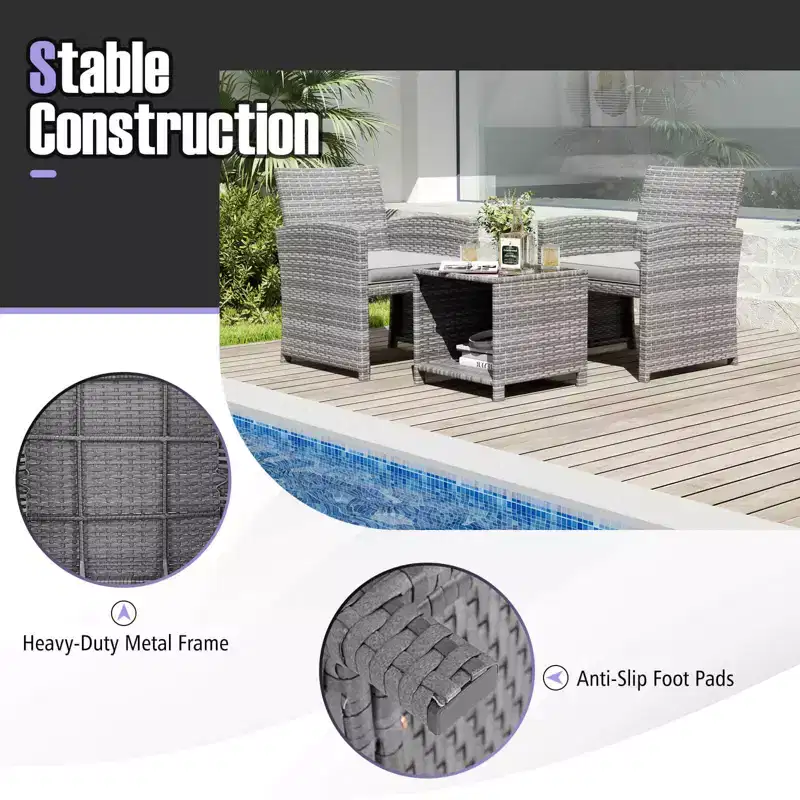 Ensemble de meubles de patio Costway 3 pièces avec table basse en verre trempé et coussins de siège moelleux gris/noir/blanc