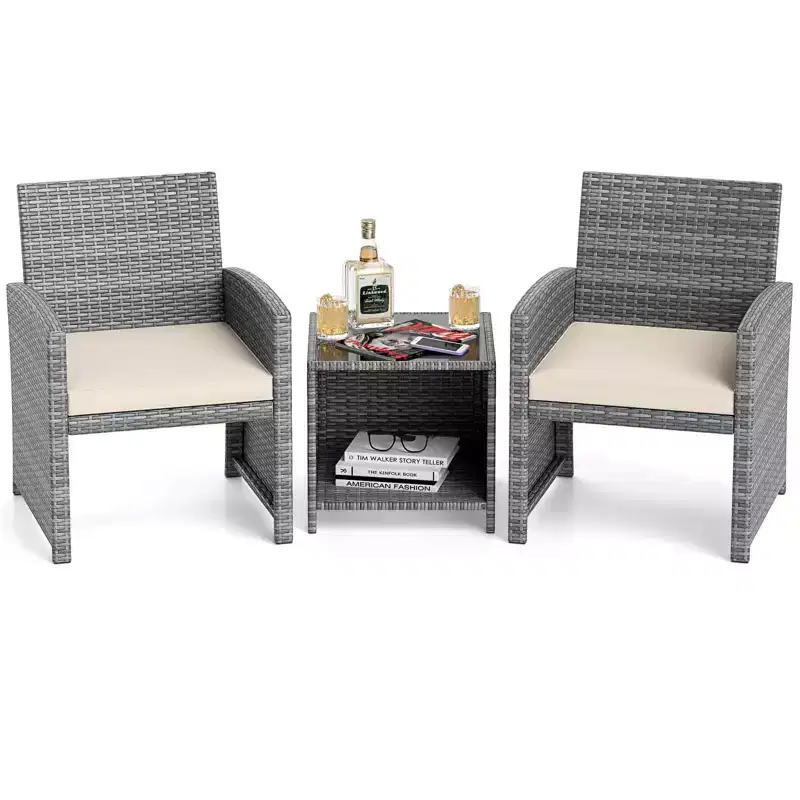 Ensemble de meubles de patio Costway 3 pièces avec table basse en verre trempé et coussins de siège moelleux gris/noir/blanc