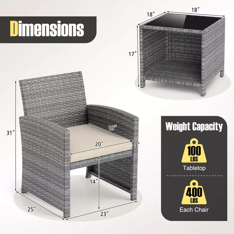 Ensemble de meubles de patio Costway 3 pièces avec table basse en verre trempé et coussins de siège moelleux gris/noir/blanc
