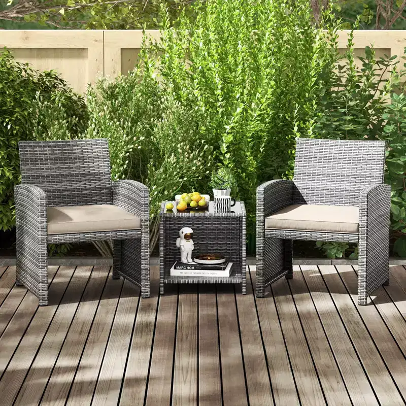 Ensemble de meubles de patio Costway 3 pièces avec table basse en verre trempé et coussins de siège moelleux gris/noir/blanc