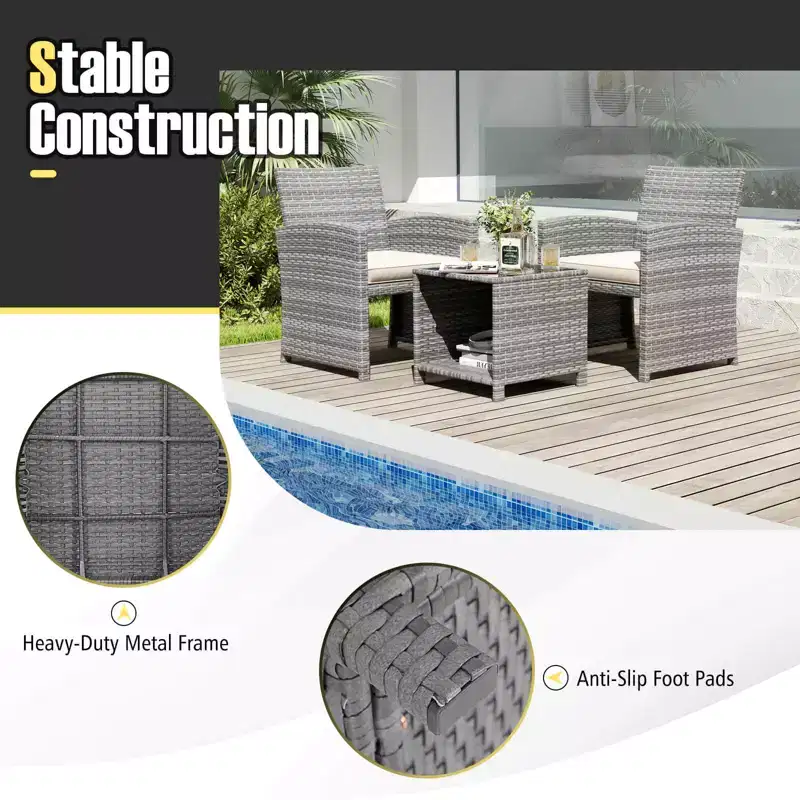 Ensemble de meubles de patio Costway 3 pièces avec table basse en verre trempé et coussins de siège moelleux gris/noir/blanc