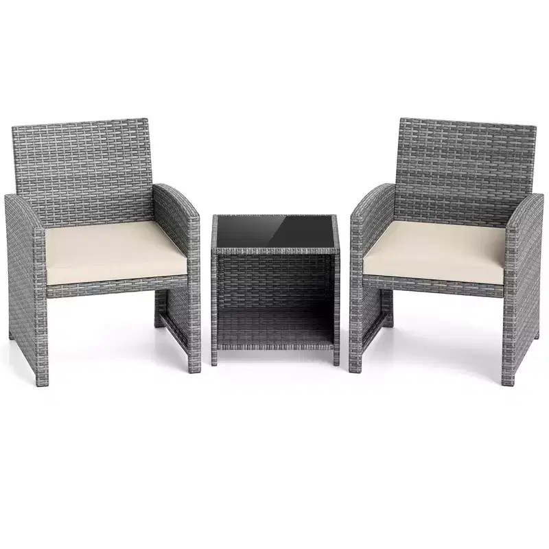 Ensemble de meubles de patio Costway 3 pièces avec table basse en verre trempé et coussins de siège moelleux gris/noir/blanc