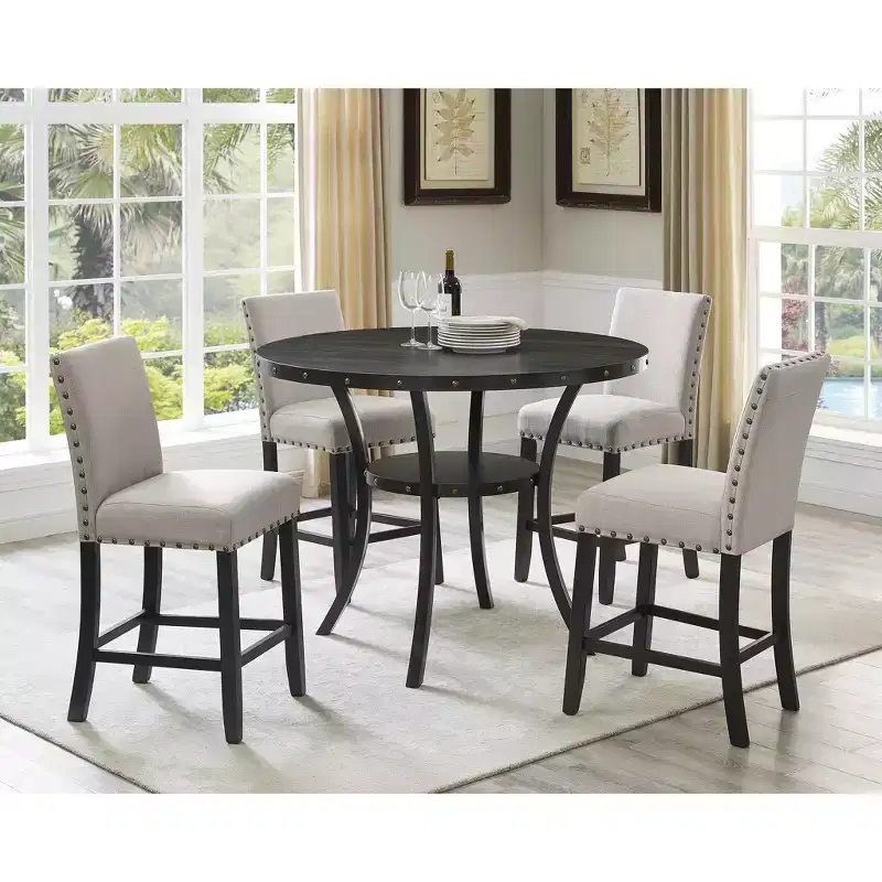 Ensemble de salle à manger Roundhill Furniture Biony hauteur comptoir en bois espresso avec tabourets à clous en tissu beige