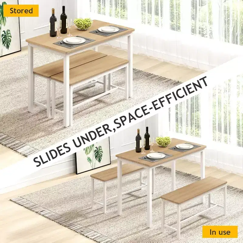 MooxvMoo Ensemble table de salle à manger 43, table de bar avec 2 bancs de salle à manger, comptoir de table industrielle pour table de petit-déjeuner de cuisine, salon, salle de fête, blanc