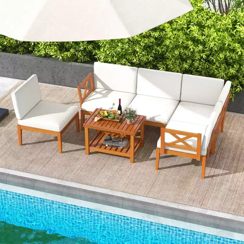 Ensemble de mobilier de patio Costway 6 pièces en bois d'acacia avec coussins et table basse à 2 niveaux