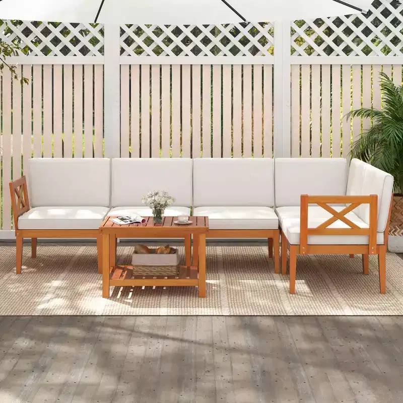 Ensemble de mobilier de patio Costway 6 pièces en bois d'acacia avec coussins et table basse à 2 niveaux