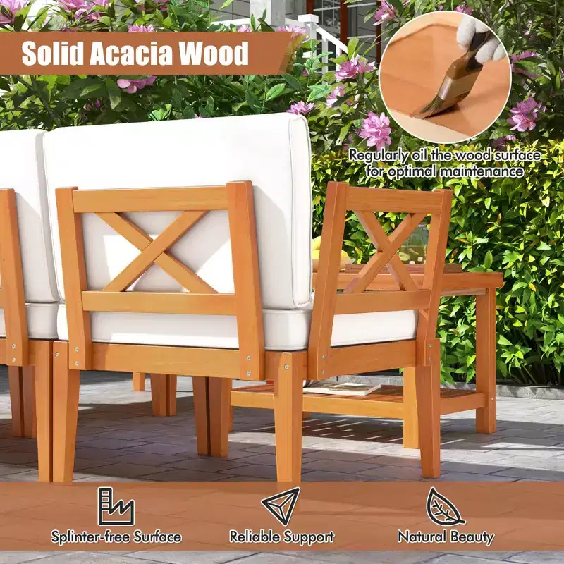 Ensemble de mobilier de patio Costway 6 pièces en bois d'acacia avec coussins et table basse à 2 niveaux