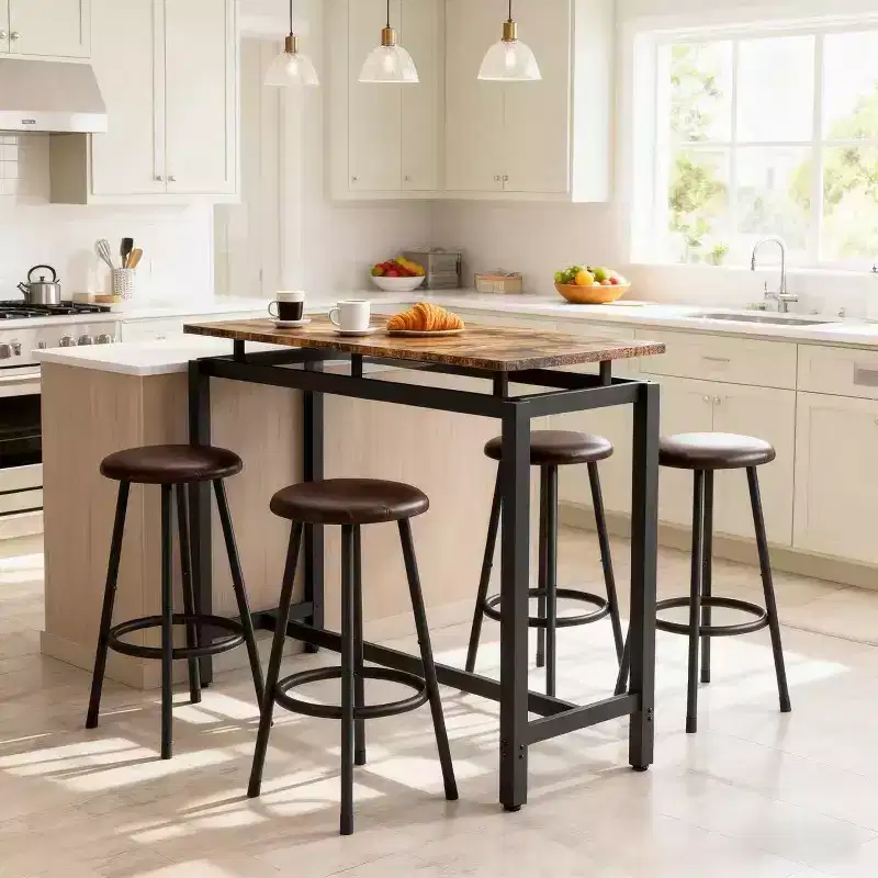 Ensemble table de bar et 4 tabourets industriels Homy Casa, marron rustique et noir, ensemble de salle à manger moderne à hauteur de comptoir