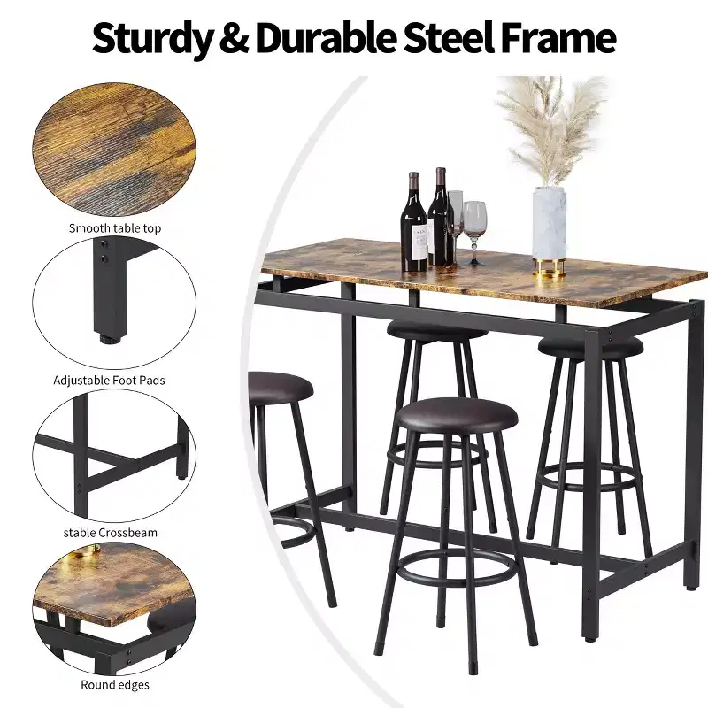 Ensemble table de bar et 4 tabourets industriels Homy Casa, marron rustique et noir, ensemble de salle à manger moderne à hauteur de comptoir