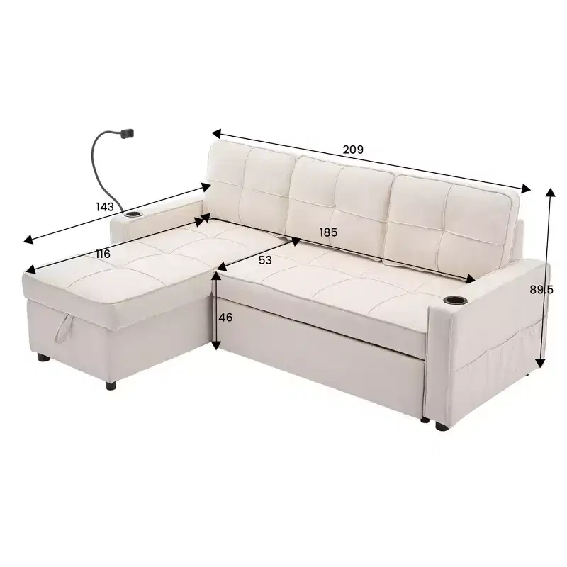 Hyleory Canapé d'angle convertible 3 places en velours de 208,8 cm