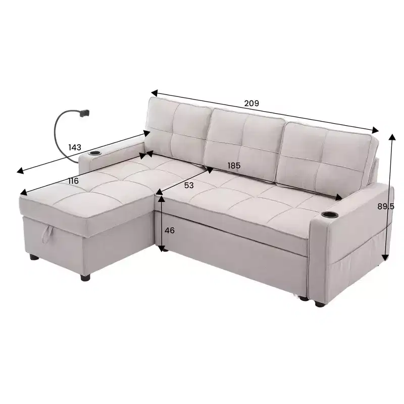 Hyleory Canapé d'angle convertible 3 places en velours de 208,8 cm