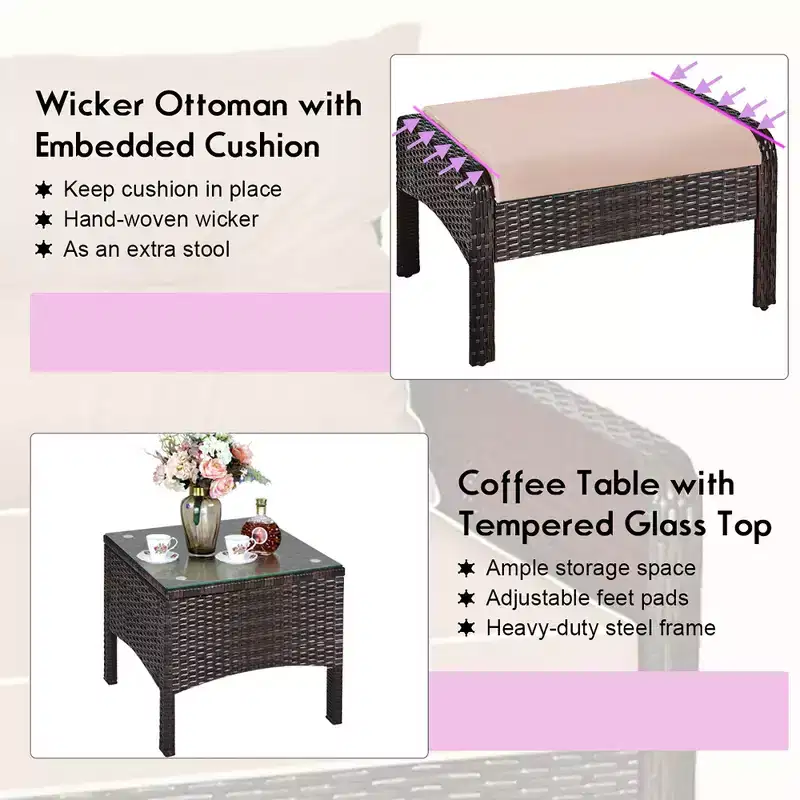 Ensemble de meubles 5 pièces Costway en rotin et osier avec canapé, ottoman et coussins marron pour terrasse et jardin