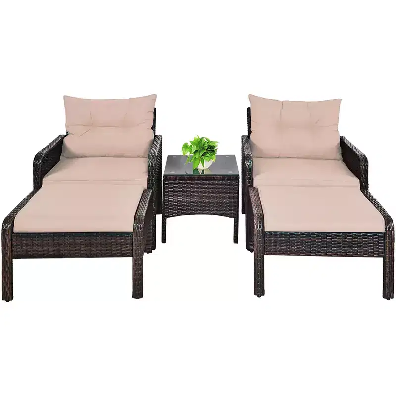 Ensemble de meubles 5 pièces Costway en rotin et osier avec canapé, ottoman et coussins marron pour terrasse et jardin