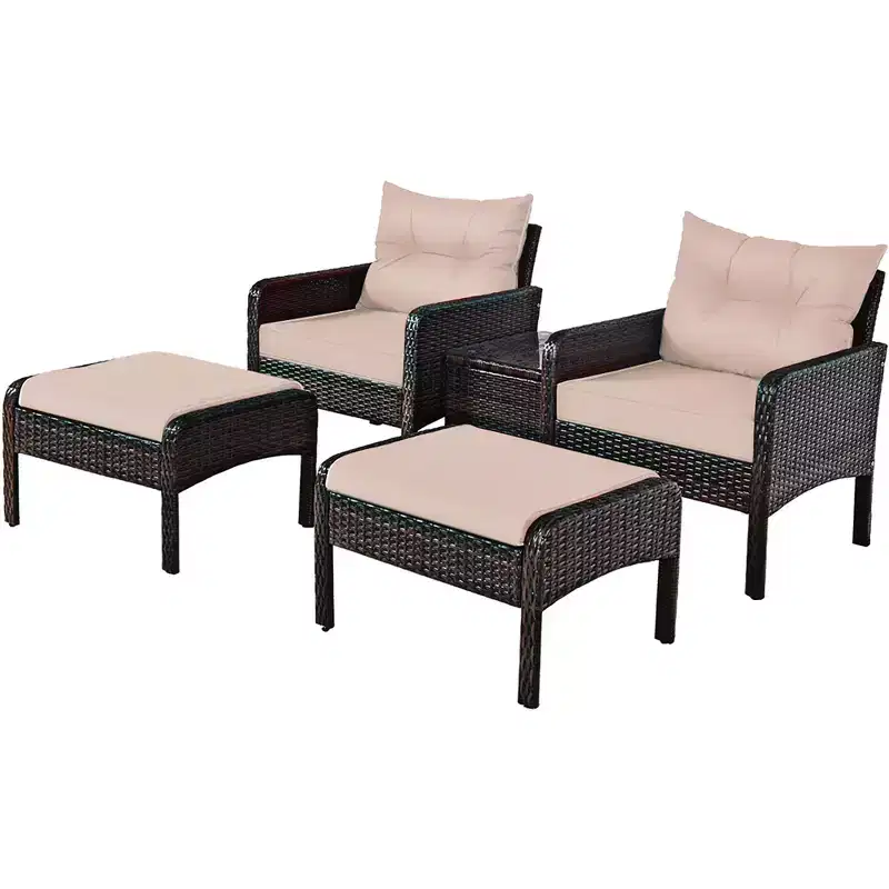 Ensemble de meubles 5 pièces Costway en rotin et osier avec canapé, ottoman et coussins marron pour terrasse et jardin