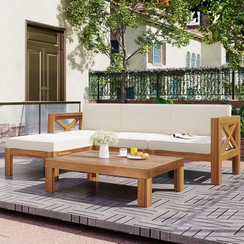 Ensemble de mobilier d'extérieur en bois 5 pièces, salon de jardin conversationnel, ensemble de canapés modulaires avec coussins - ModernLuxe