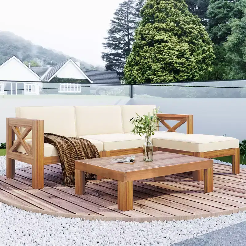 Ensemble de mobilier d'extérieur en bois 5 pièces, salon de jardin conversationnel, ensemble de canapés modulaires avec coussins - ModernLuxe