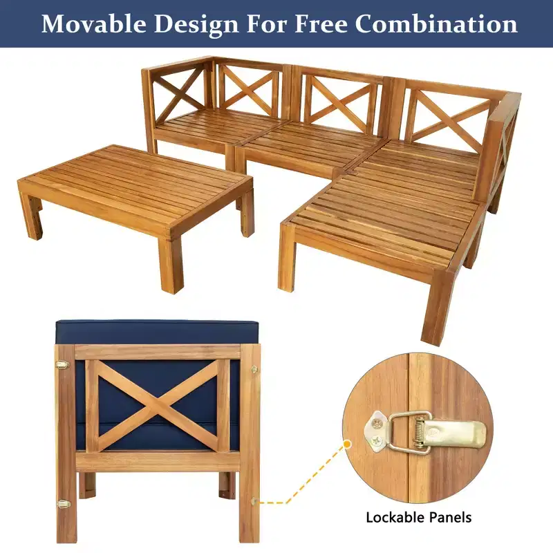 Ensemble de mobilier d'extérieur en bois 5 pièces, salon de jardin conversationnel, ensemble de canapés modulaires avec coussins - ModernLuxe