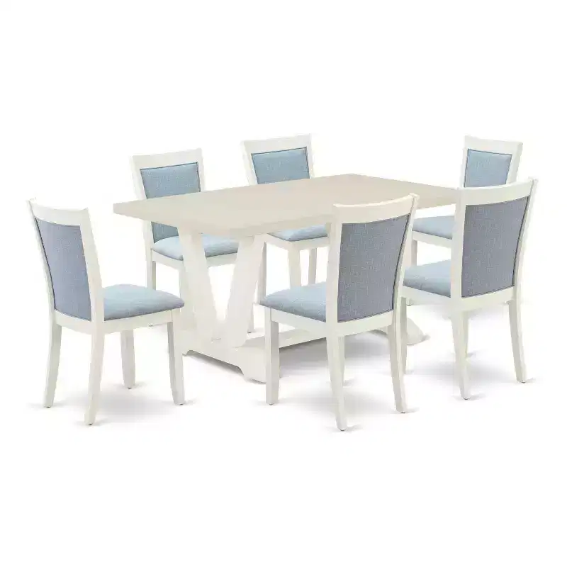 HomeStock Table à manger 7 pièces, plateau en bois massif, finition lin brossé blanc, avec 6 chaises