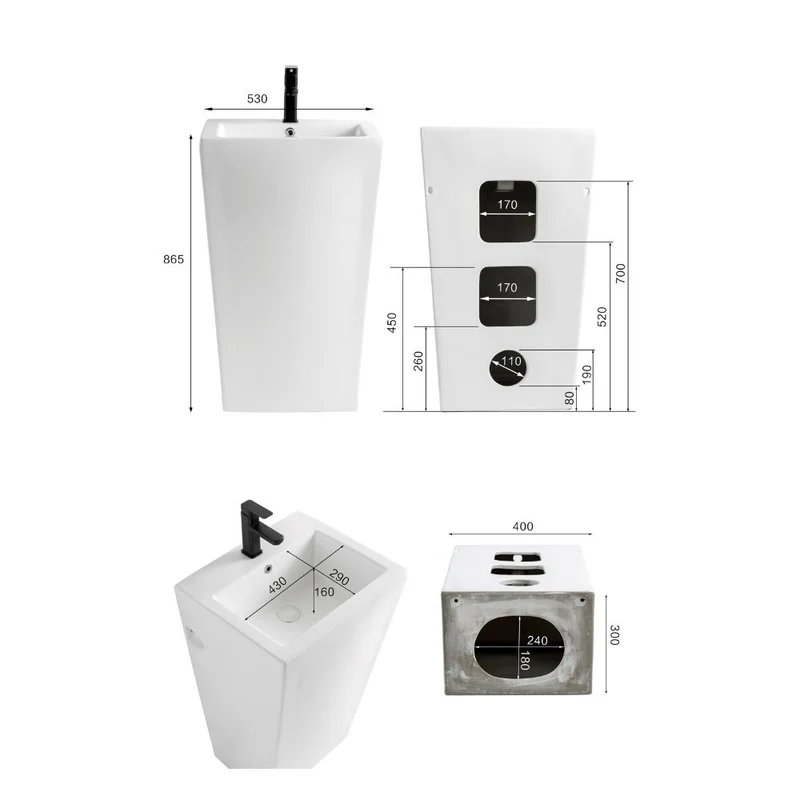 Lavabo freestanding rettangolare in ceramica bianco 53x46,5x86,5 LAV303