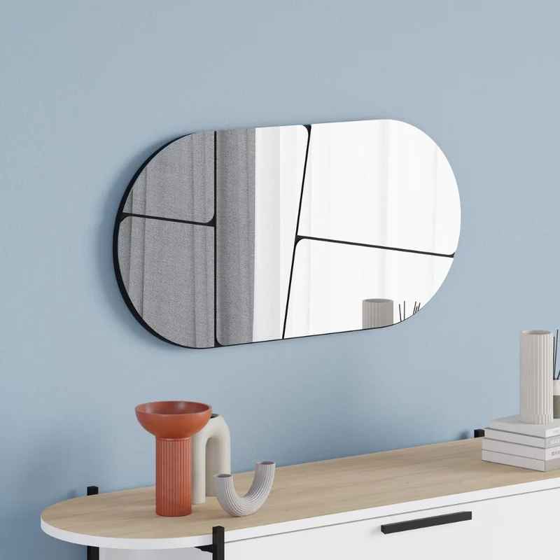 Specchio ovale da parete con design astratto e fondo nero 80x40H Otis