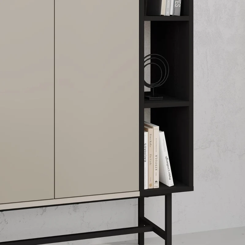 Credenza alta con due ante cashmere e tre vani a giorno neri 90x40x130H Mona