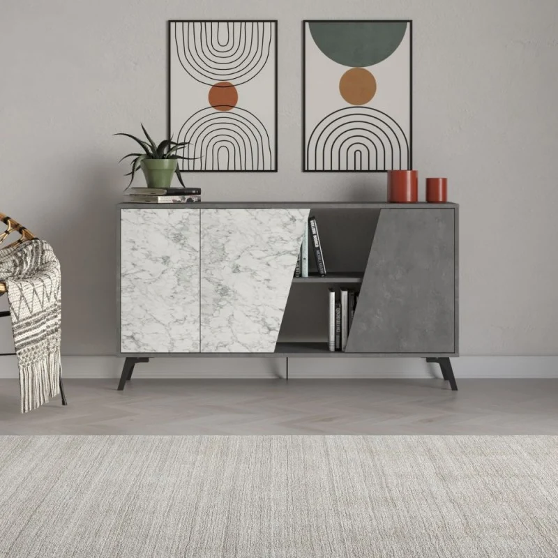Madia 2 ante 150x35,6x82H colore bianco effetto marmo carrara e grigio Fiona