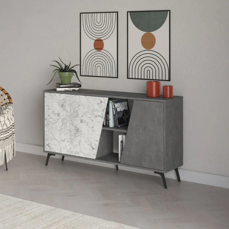 Madia 2 ante 150x35,6x82H colore bianco effetto marmo carrara e grigio Fiona
